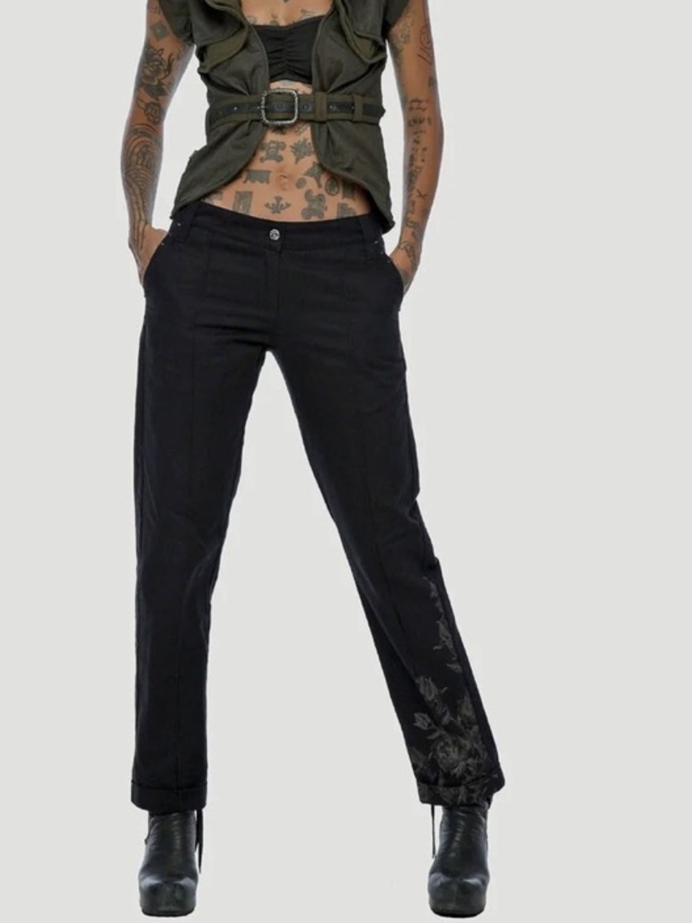 Black Straight-Leg Trousers with Subtle Floral Detail
